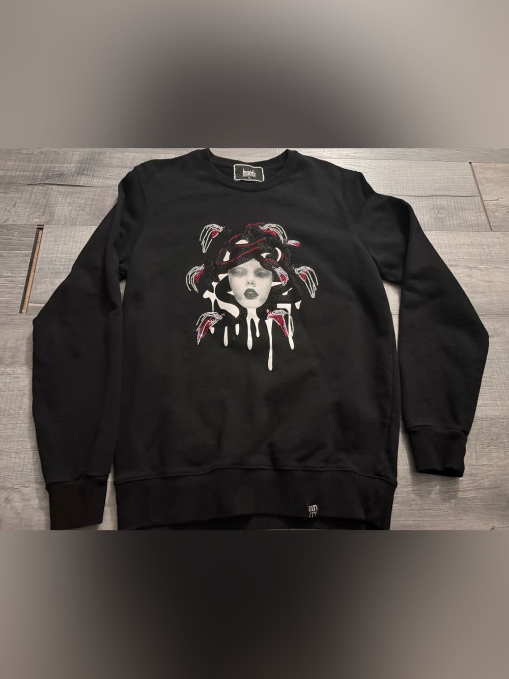 Denimicity bedazzled rhinestone Medusa black crew neck sweater urban streetwear